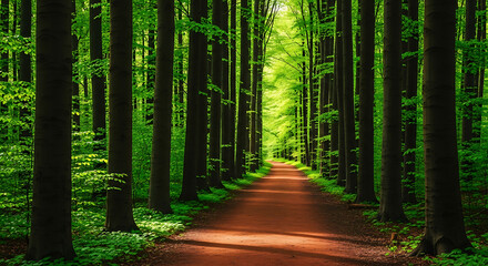 Sunlit forest path winding through tall green trees