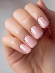 A close-up of a well-manicured hand showcasing soft pink nails in a stylish and elegant manner, This image is perfect for beauty blogs, nail care promotions, or fashion magazines,