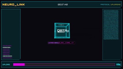 High-energy cyberpunk interface with a spinning 3D cube, glitch text effects, vibrant neon colors, and a virus upload progress bar, ending with a strobe light "SYSTEM HACKED" finale. - Powered by Adobe