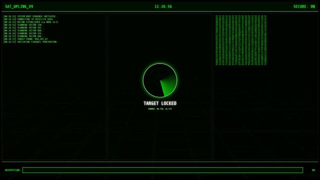 Futuristic satellite uplink interface featuring a rotating green radar, binary data streams, a brute force progress bar, and 3D grid floor, culminating in a "SYSTEM OWNED" access granted screen. - Powered by Adobe