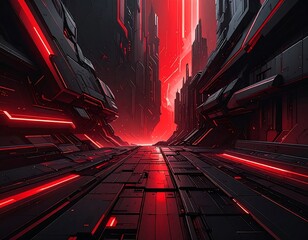 Futuristic sci-fi city scene with stark black and red colors, glowing lights