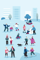 Winter activities. People are walking, building a snowman, having a snowball fight, tubing, and ice skating. Flat cartoon vector illustration.