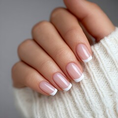 A close-up of elegantly manicured nails with a classic French tip, set against a cozy knit sweater backdrop, Ideal for beauty, fashion, and personal care content,