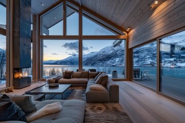 Naklejka premium Cozy and stylish living room with fireplace and large windows offering breathtaking views of a fjord and snowy mountains during sunset in winter