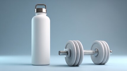 Obraz premium Dumbbell and whey protein shaker,Whey protein scoop,Sports bodybuilding supplements, nutrition food after gym, minimalistic fitness product,healthy lifestyle concept.