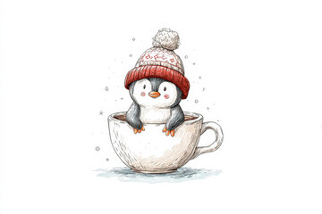 Cute penguin in a cozy red hat sitting in a festive cup with winter snowflakes around