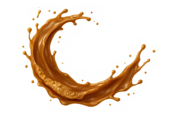 Caramel sauce splash forming an arc, pouring sweet liquid dripping and spraying sugar syrup on transparent background