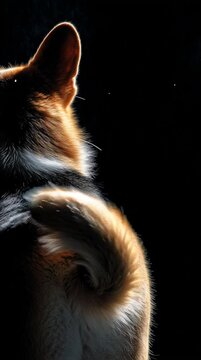 Corgi Silhouette: A captivating silhouette of a corgi, showcasing its distinctive tail and ear, highlighted against a dramatic backdrop of shadows.