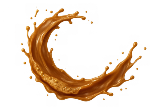Caramel sauce splash forming an arc, pouring sweet liquid dripping and spraying sugar syrup on transparent background