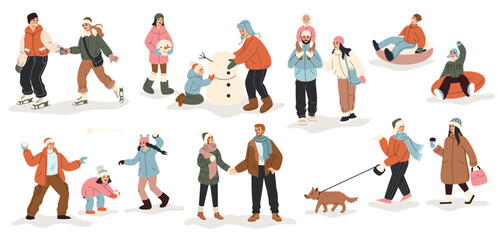 Winter activities. People are walking, building a snowman, having a snowball fight, tubing, and ice skating. Flat cartoon vector illustration.