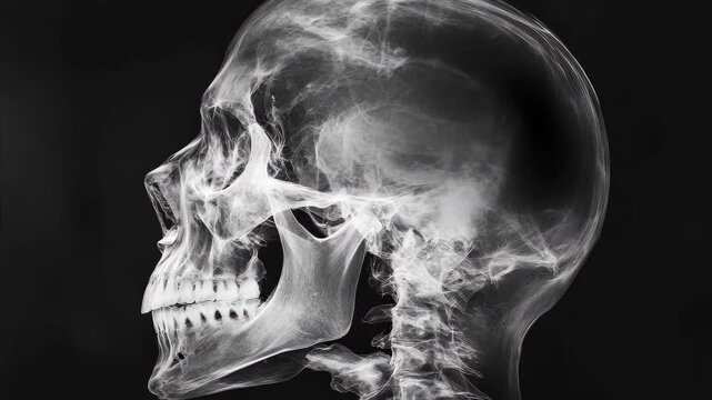 This x-ray displays the lateral view of a human skull, highlighting the jaw, teeth, and cervical vertebrae. The clarity reveals intricate anatomical details crucial for medical analysis.
