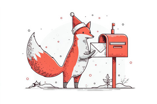 Fox wearing Santa hat sending letter at mailbox in winter landscape with festive atmosphere