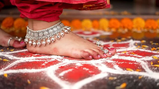 Indian wedding foot decoration with henna and jewelry