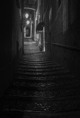 Moody black and white night street photography of narrow European old town alley cobblestone staircase glowing street lamps cinematic fine art travel photo mysterious historic city walkway