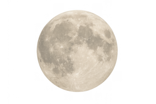 Full moon against a transparent background showing detailed lunar surface with craters and maria, space exploration theme