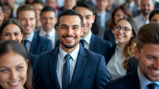 Confident business professionals standing together in a large corporate group setting with smiling faces and formal attire in a bright office environment