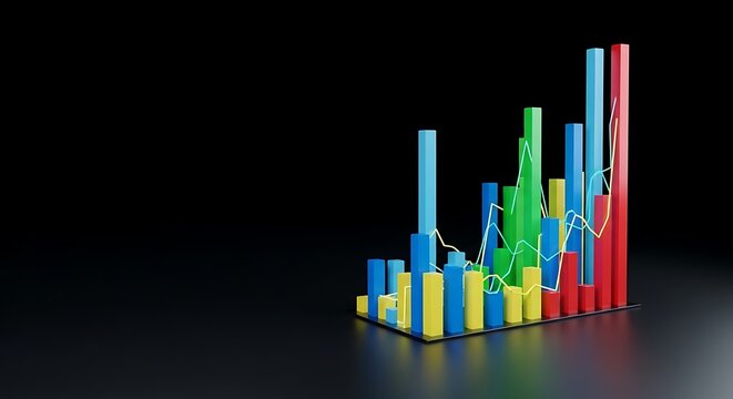 Colorful 3d bar chart with glowing line graphs for data analysis
