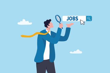 Searching for new job, work opportunity or career occupation, talent or applicant finding new vacancy, professional guidance, classified unemployment, businessman search job with magnifying glass.