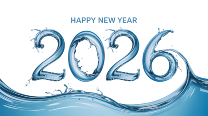 Happy new year 2026 liquid numbers and text with splash wave