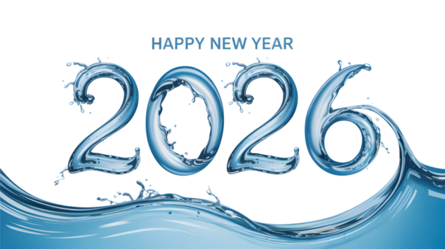 Happy new year 2026 liquid numbers and text with splash wave