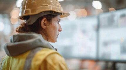 Woman wearing a yellow hard hat and a yellow jacket. she is standing in a warehouse or industrial setting with blurred lights in the background.