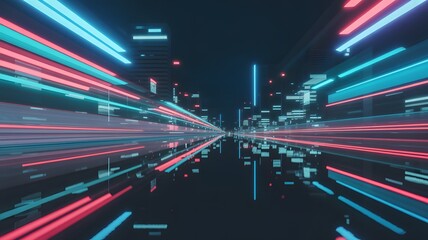 Abstract neon lights streaks in a dark cityscape view