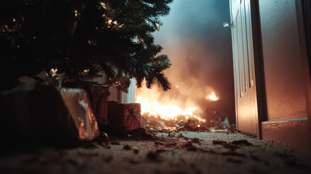 Christmas tree adorned with gifts, positioned near an open door, highlighting safety measures during festive celebrations - Powered by Adobe