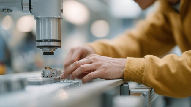 Person's hands working on a machine in a factory. the person is wearing a yellow sweater and is using a cnc (computer numerical control) machine to operate the machine.