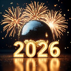 Sparkling 2026 new year celebration with disco ball and fireworks display