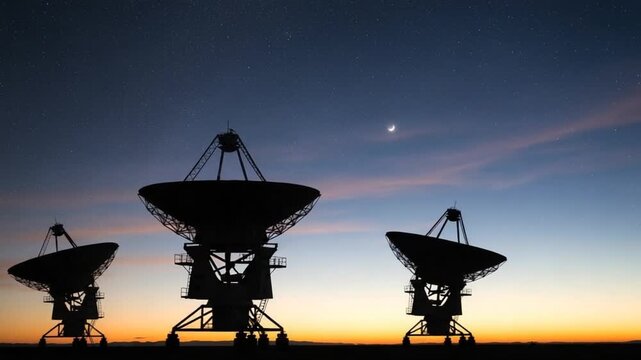 Celestial Searchlights: Three enormous radio telescopes stand silhouetted against a dramatic sunset sky.