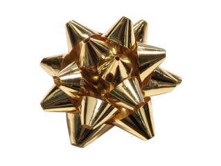 Gold metallic gift bow ribbon decoration, shiny festive present topper isolated on transparent background