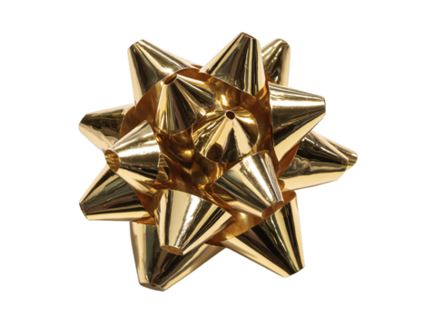 Gold metallic gift bow ribbon decoration, shiny festive present topper isolated on transparent background