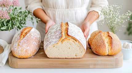 Close-up of person presenting freshly baked, rustic sourdough loaf alongside two other artisan breads on wooden board amidst natural decor