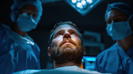 Man with facial hair lying on operating table in surgical room surrounded by mask-wearing surgeons preparing for medical procedure under bright overhead lights
