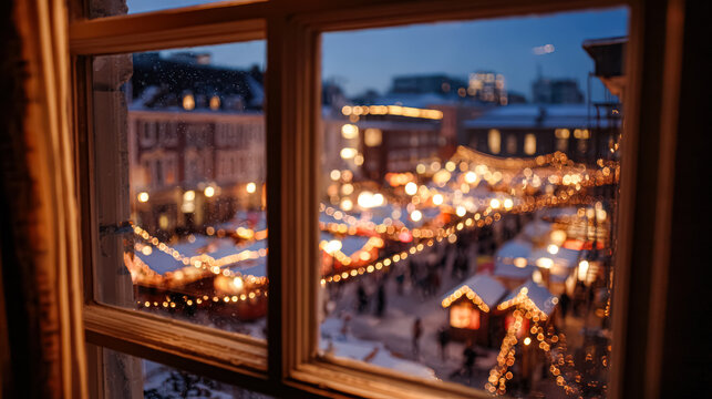 Cozy view of a Christmas market filled with lights and decorations, creating a warm holiday ambiance, inviting festive cheer and joy