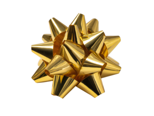 Gold metallic gift bow ribbon decoration, shiny festive present topper isolated on transparent background