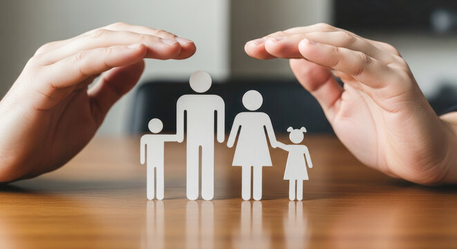 Hands protecting paper cutout family figures on wooden table, symbolizing insurance, safety, and security in family life and well-being
