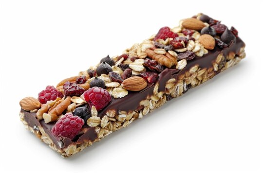 Protein bar covered with chocolate, nuts and freeze dried raspberries, lying on a white background - Powered by Adobe