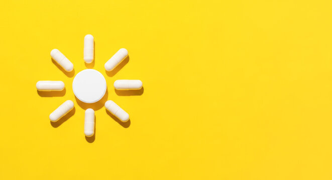 White vitamin D pills arranged in sun shape on vibrant yellow background, symbolizing health, wellness, and the importance of sunlight for vitality