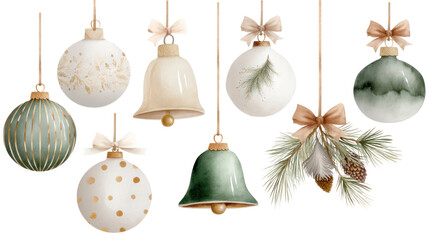 Colorful Christmas ornaments and decorative elements hanging on strings, showcasing festive designs and textures for holiday celebrations and decor. Isolated on transparent background.