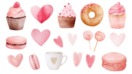 Colorful watercolor illustration of Valentine's Day treats including cupcakes, hearts, and candies, perfect for romantic celebrations and sweet moments. Isolated on transparent background.