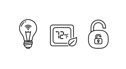 Smart home automation system icons featuring wifi lightbulb thermostat and open padlock for security system