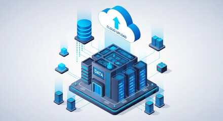 Isometric cloud computing data center server network infrastructure and cloud upload technology concept