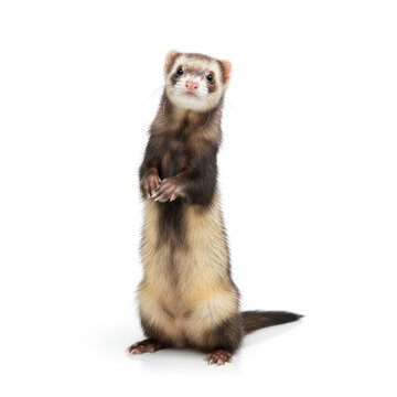 Ferret full body standing on hind legs curious pose isolated white background