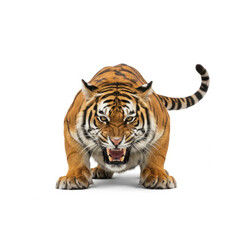 Obraz premium Tiger full body crouching fierce expression isolated white background