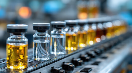 Vials containing liquid in various colors arranged in a row on an industrial conveyor belt with a blurred background of laboratory or manufacturing environment lighting