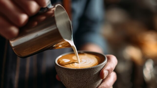 Close-up of barista hands pouring steamed milk into espresso, perfect latte art, warm cafe light, cinematic photo, shallow depth of field, 50mm lens