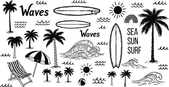 Summer beach doodle set with palm trees and surfboards