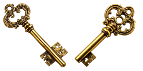 Two ornate antique gold key. vintage old skeleton key pair isolated representing mystery, success and security with decorative details