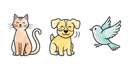 Cute watercolor animals illustration featuring cat dog and bird for kids and animal lovers design art